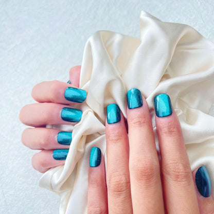 [FULL SET GLITTERING] Nighty Ocean Moonlight Glittering Teal Blue Short Press On Nails - Belle Rose Nails