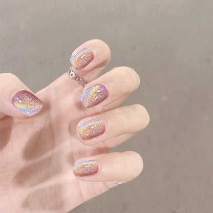 [FULL SET GLITTERING] Rainbow Moonlight Glittering Petal Pink Short Press On Nails - Belle Rose Nails