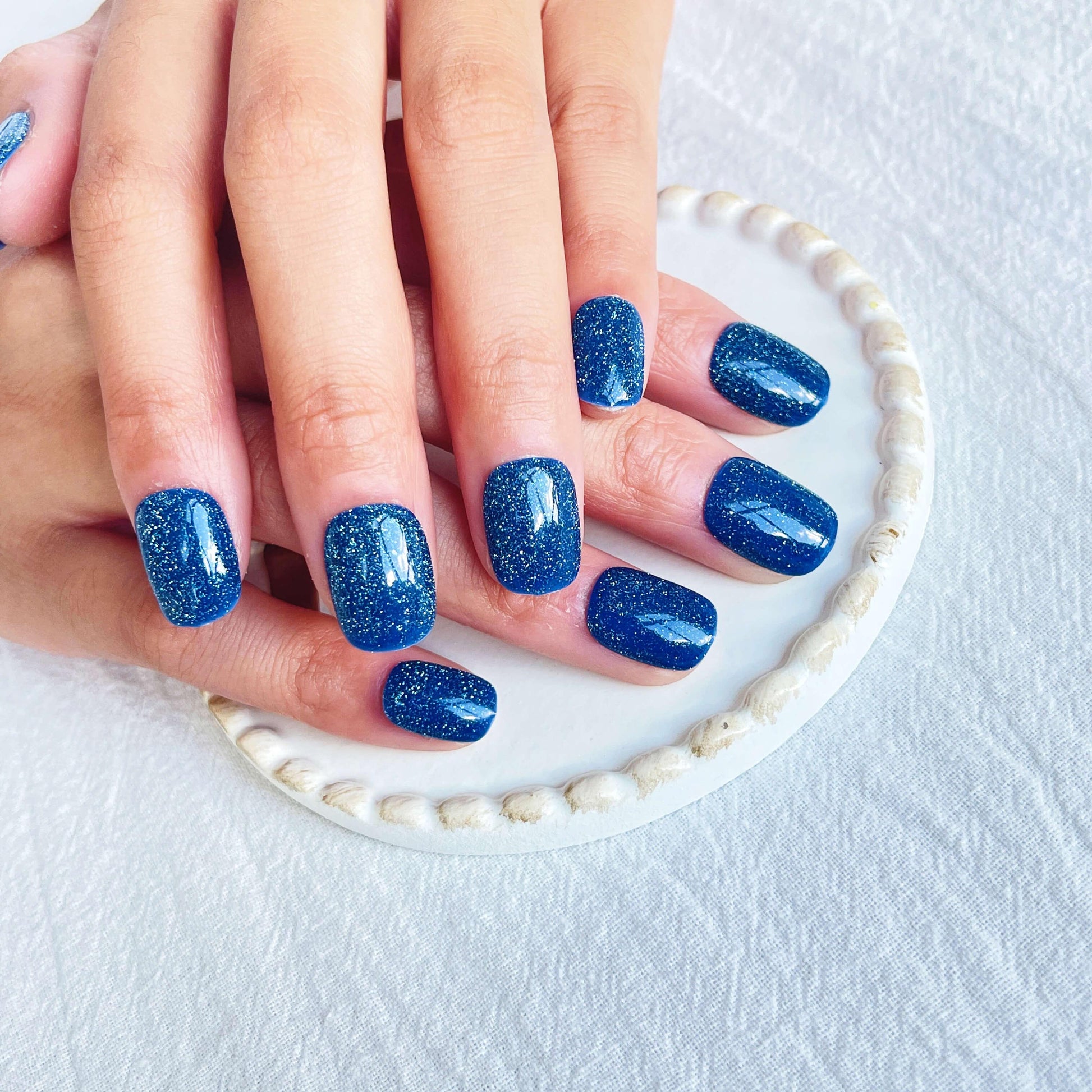 [FULL SET GLITTERING] Sparkly Starry Night Blue Moonlight Glittering Short Press On Nails - Belle Rose Nails