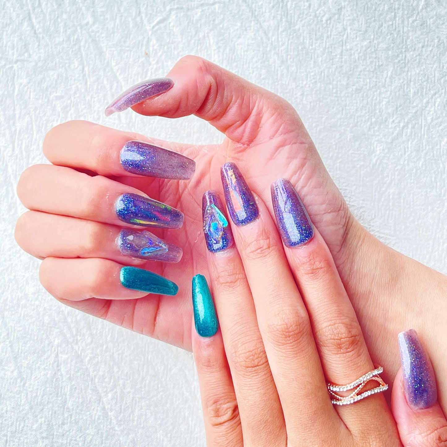 [FULL SET GLITTERING] Teal Blue and Purple Moonlight Glittering Long Press-On Nails - Belle Rose Nails