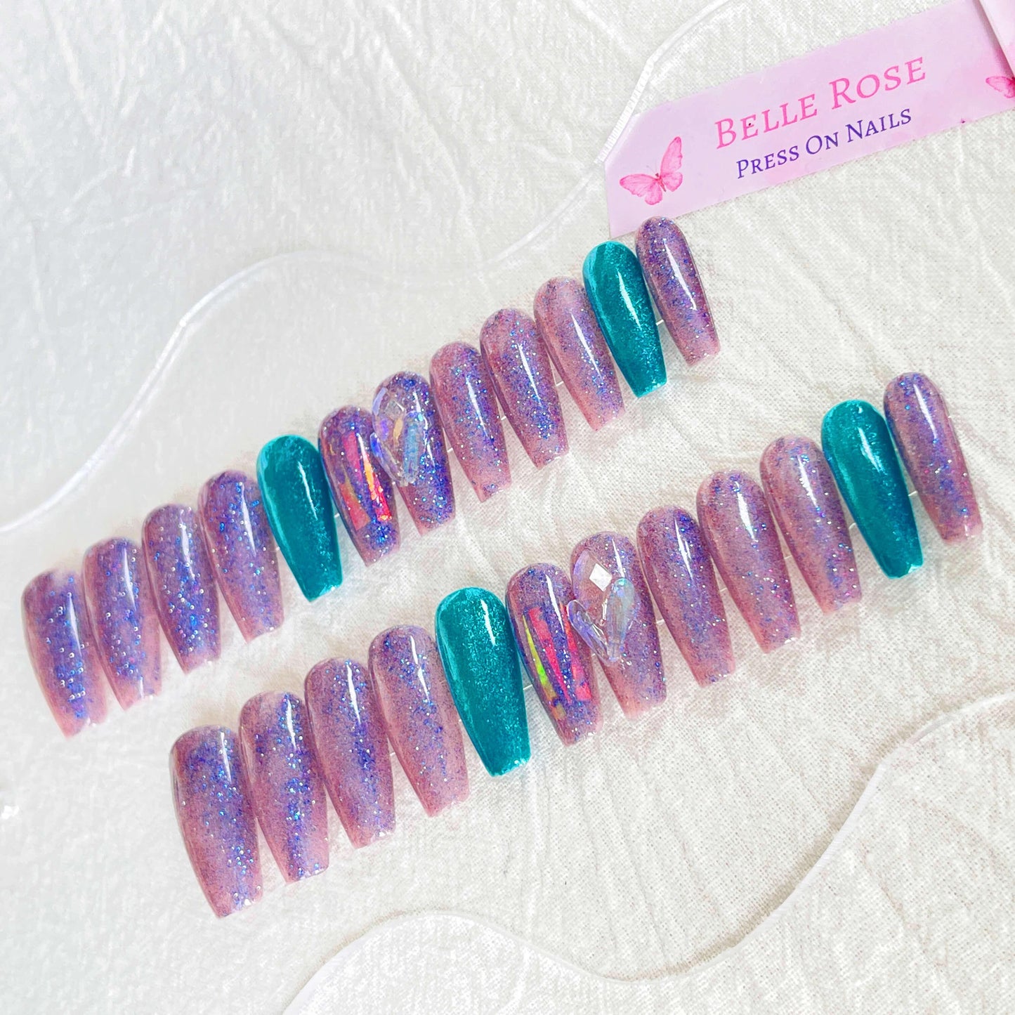 [FULL SET GLITTERING] Teal Blue and Purple Moonlight Glittering Long Press-On Nails - Belle Rose Nails