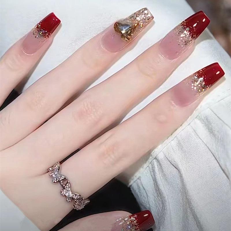 glamour diva red and pink french with glitters and diamond heart long press on nails belle rose nails 4 27584118259791
