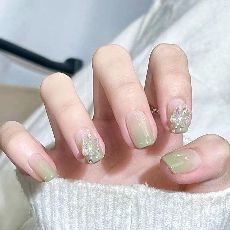 Glittering Butterfly Milky Green Ombre Short Press On Nails - Belle Rose Nails