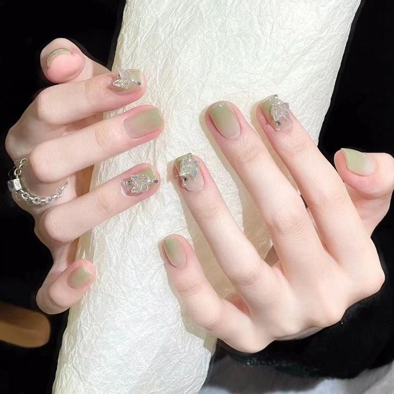 Glittering Butterfly Milky Green Ombre Short Press On Nails - Belle Rose Nails