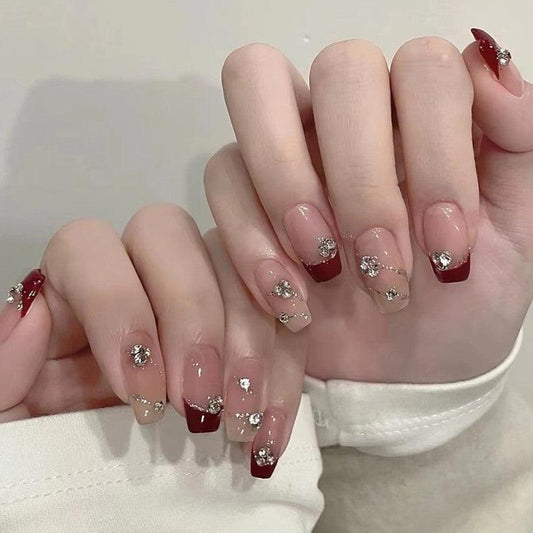 Glittering Decor Burgundy Red French Style Medium Length Press On Nails - Belle Rose Nails