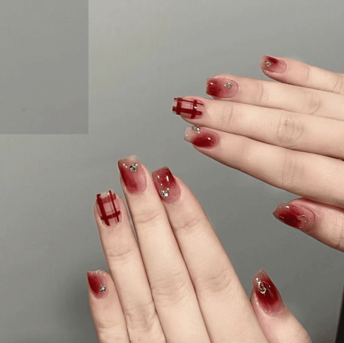 Glittering Decor Sexy Red Blush Plaid Medium Length Press On Nails - Belle Rose Nails