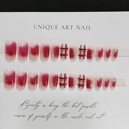 Glittering Decor Sexy Red Blush Plaid Medium Length Press On Nails - Belle Rose Nails