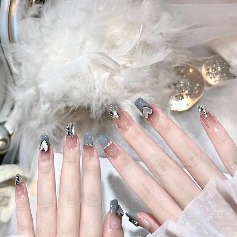 Glittering Foggy Blue French with Heart and Diamond Long PressOn Nail