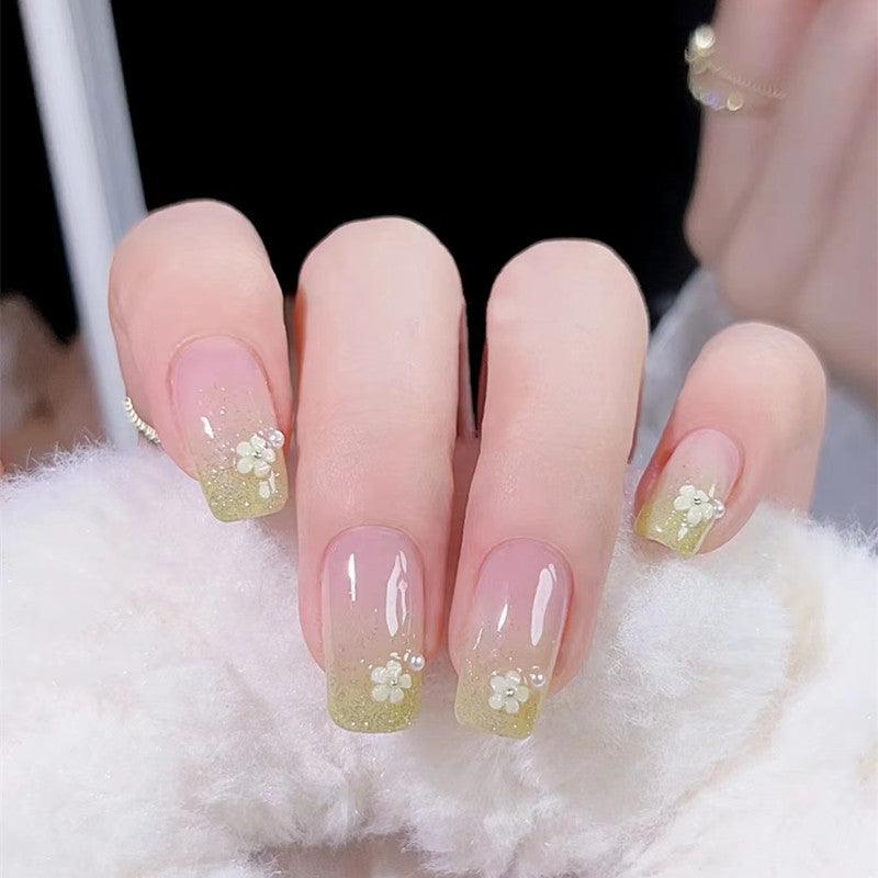 Glittering Green Ombre with Flowers Medium Length Press On Nails - Belle Rose Nails