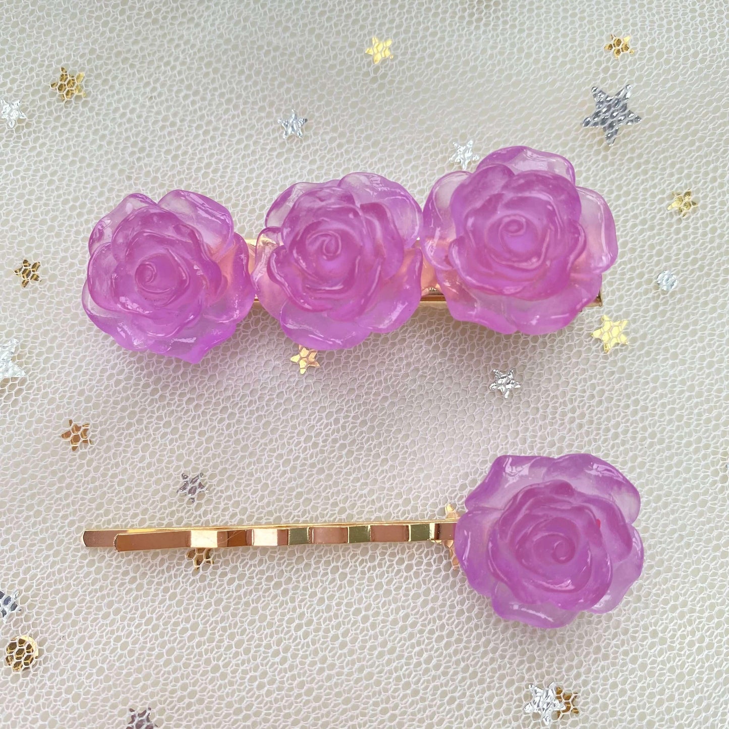 Glow In The Dark Blue and Purple Roses Hair Clips - Belle Rose Nails