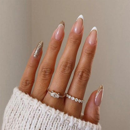Gold Glitters and White French Style Medium Long Press-On Nails - Belle Rose Nails