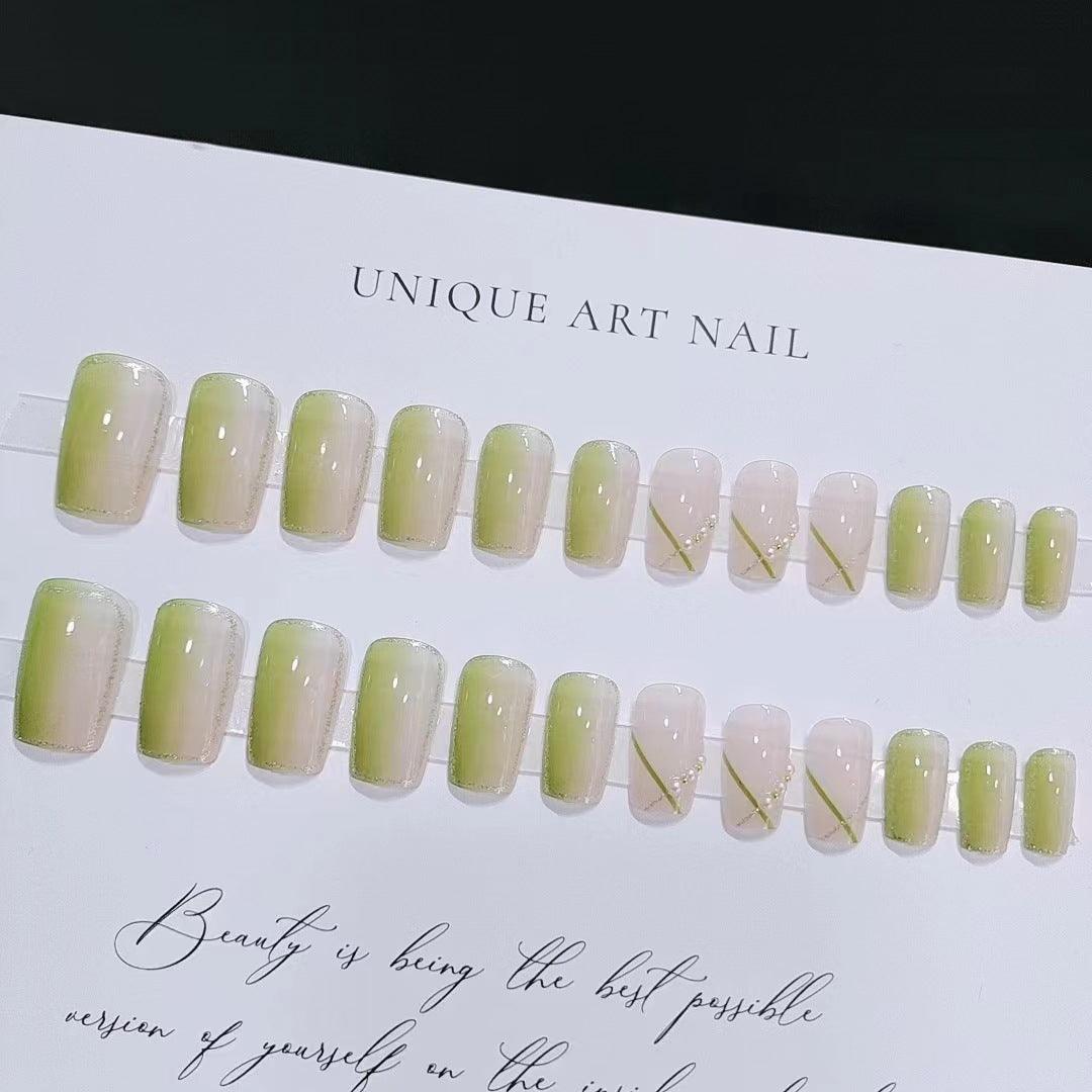 Green Cross Line Glittering Ombre Medium Length Press On Nails - Belle Rose Nails