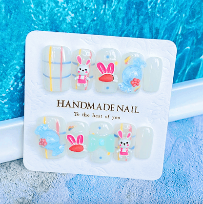 [HANDMADE] Cute Bunny Rabbit and Candy Medium Short Length Press On Nails-SPECIAL LAUNCH PRICE! - Belle Rose Nails