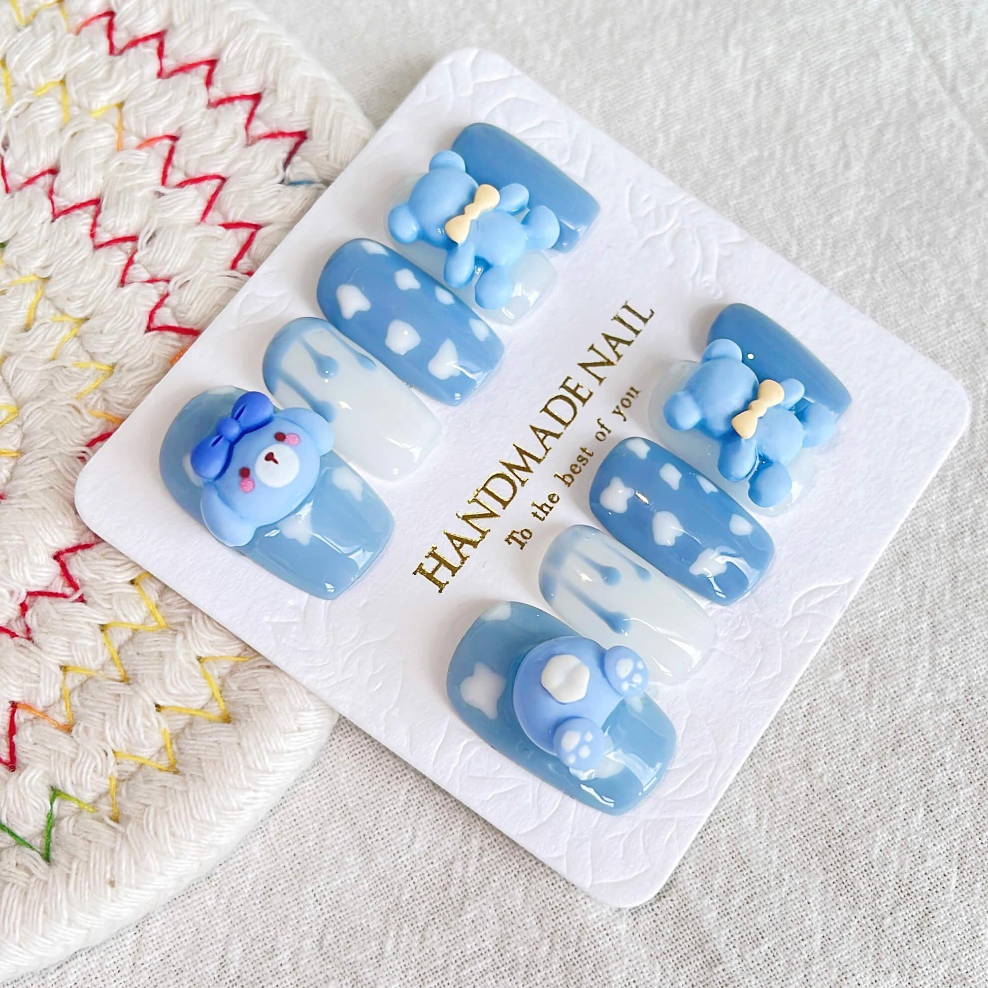 [HANDMADE] Cute Puppy Dog and Butt Blue and White Cloud Bear Medium Length Press-On Nails-SPECIAL LAUNCH PRICE! - Belle Rose Nails