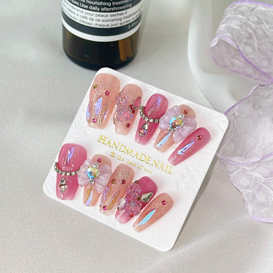 [HANDMADE] Mystic and Romantic Rose and Pink Bow Long Press On Nails-SPECIAL LAUNCH PRICE! - Belle Rose Nails