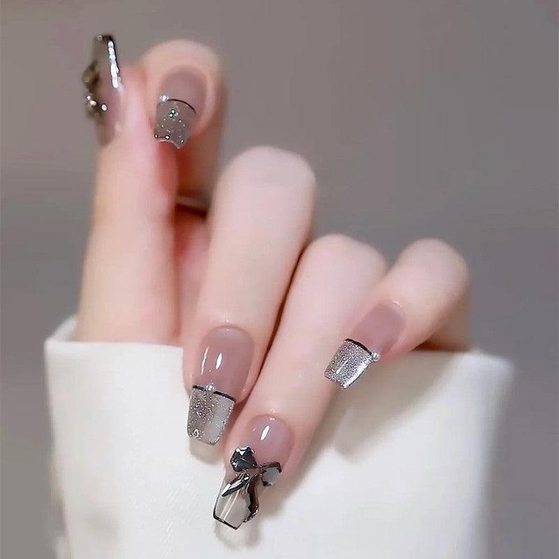 Jelly Black Glittering French with Bowtie Medium Length Coffin Press-on Nails - Belle Rose Nails