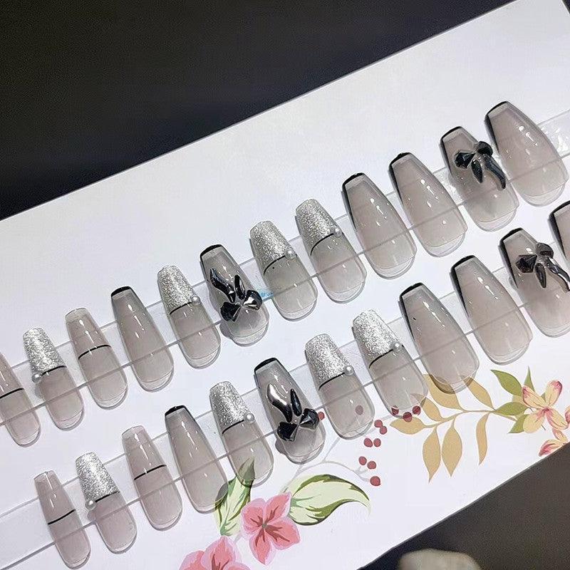 Jelly Black Glittering French with Bowtie Medium Length Coffin Press-on Nails - Belle Rose Nails