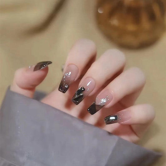 Jelly Glittering Black Ombre and French with Diamonds Medium Length Press-On Nails - Belle Rose Nails
