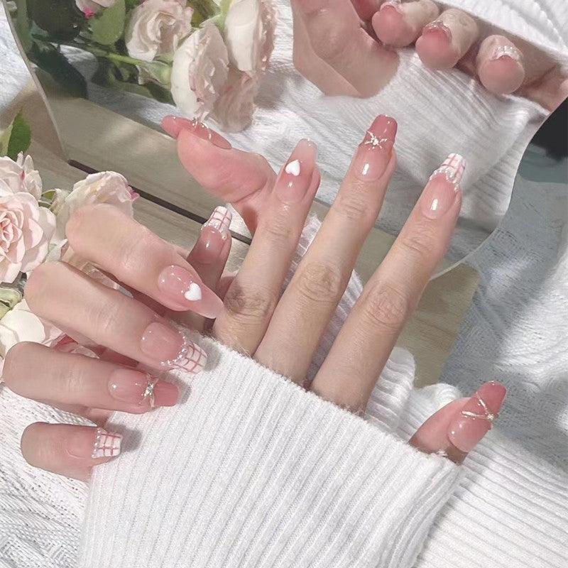 Jelly Peach Pink Ombre French with Heart and Pearls Long Press-On Nails - Belle Rose Nails