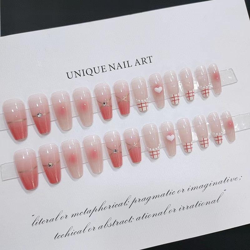 Jelly Peach Pink Ombre French with Heart and Pearls Long PressOn Nail