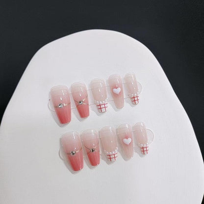 Jelly Peach Pink Ombre French with Heart and Pearls Long Press-On Nails - Belle Rose Nails