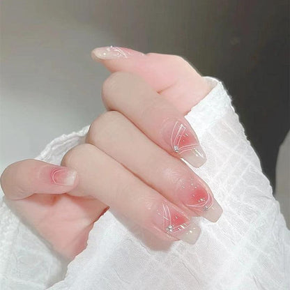 Lotus Pink Blush with Lines and Diamonds Long Press-on Nails - Belle Rose Nails