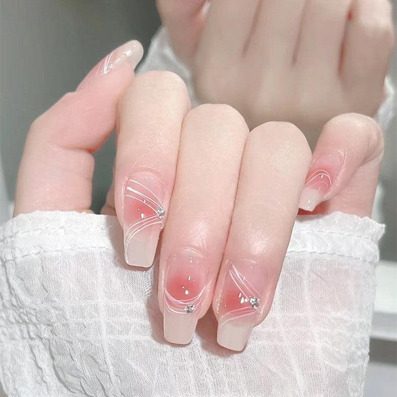 Lotus Pink Blush with Lines and Diamonds Long Press-on Nails - Belle Rose Nails
