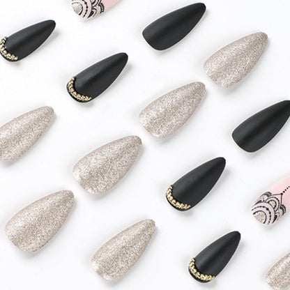 Matte Black and Gold Glittering Glamour Design Long Press On Nails - Belle Rose Nails