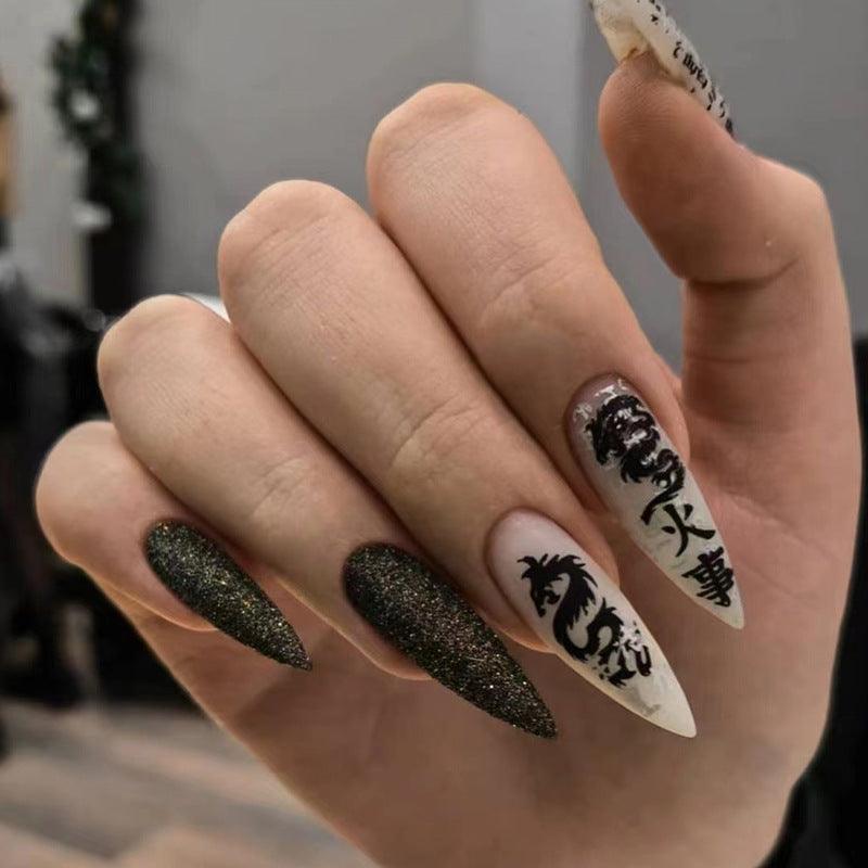 Matte Black and White Fire and Dragon Long Press-On Nails - Belle Rose Nails