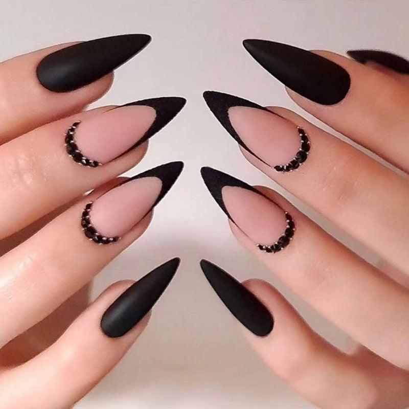 Matte Glamour Black French with Black Diamonds Decor Long Press-On Nails - Belle Rose Nails