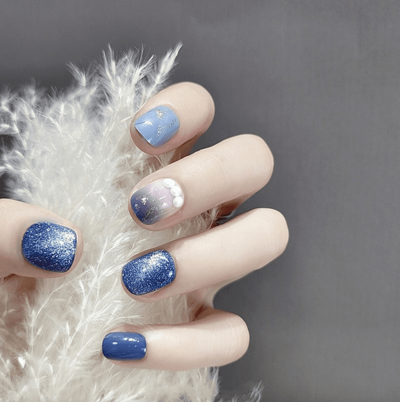 Midnight Blue with Moonlight Shine Glitters and Pearls Short Press On –  Belle Rose Nails