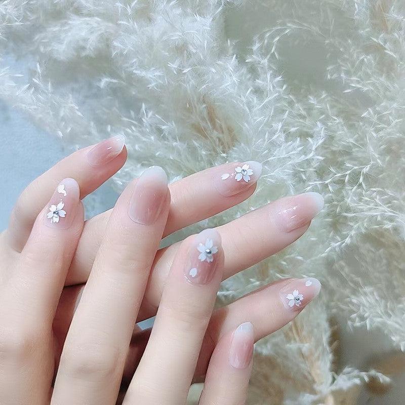 Milky Ombre with Elegant Flowers Medium Length Press-On Nails - Belle Rose Nails