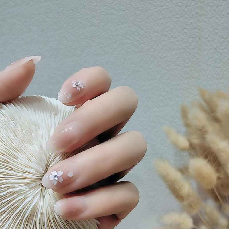 Milky Ombre with Elegant Flowers Medium Length Press-On Nails - Belle Rose Nails