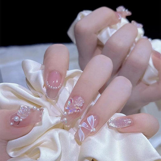 Moonlight Glittering Blossom and Butterfly with Faux Pearls Medium Length Press On Nails - Belle Rose Nails
