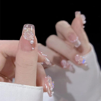 Moonlight Glittering Blossom and Butterfly with Faux Pearls Medium Length Press On Nails - Belle Rose Nails