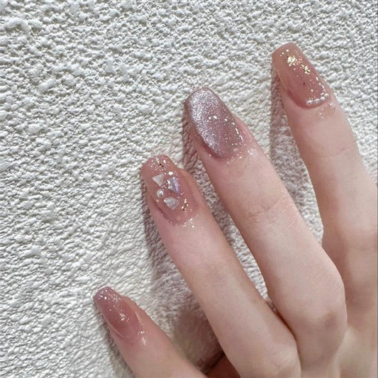 Moonlight Glittering with Shells and Pearls with Butterfly Medium Length Press On Nails - Belle Rose Nails
