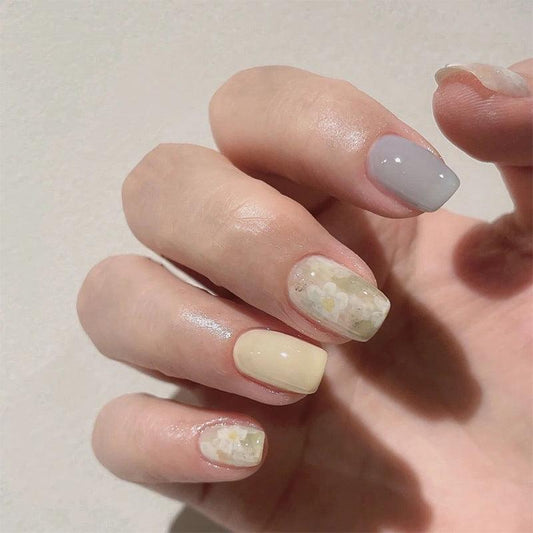 Painting Inspired Yellow Field Flowers Cream Yellow and Smoky Blue Short Press On Nails - Belle Rose Nails