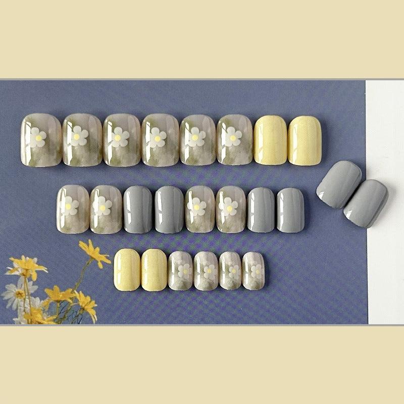 Painting Inspired Yellow Field Flowers Cream Yellow and Smoky Blue Short Press On Nails - Belle Rose Nails