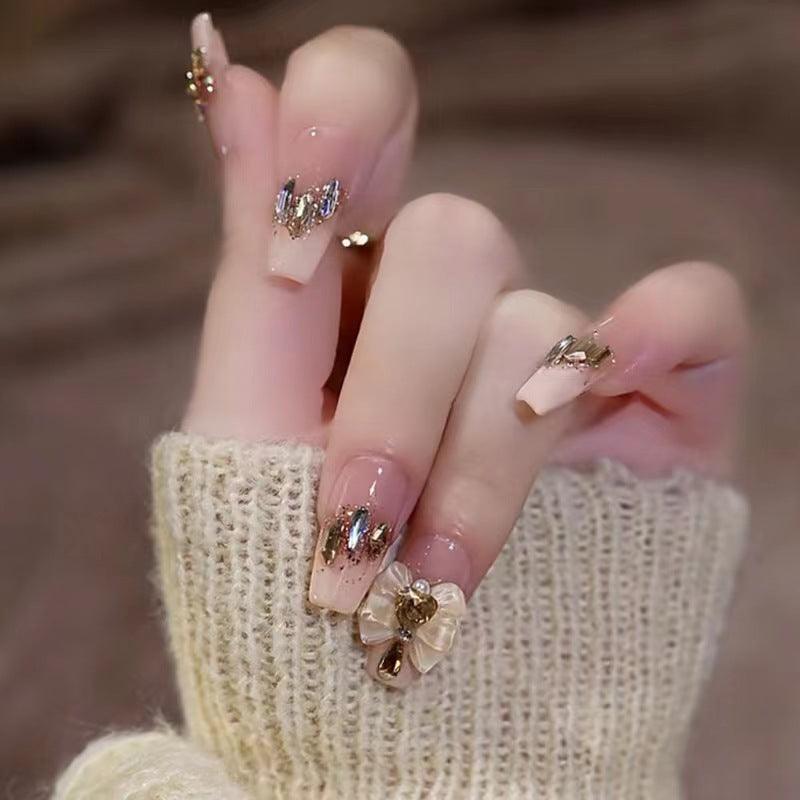 Pale French Style with Flowers and Faux Diamonds Long Press On Nails - Belle Rose Nails