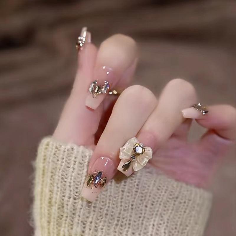 Pale French Style with Flowers and Faux Diamonds Long Press On Nails - Belle Rose Nails