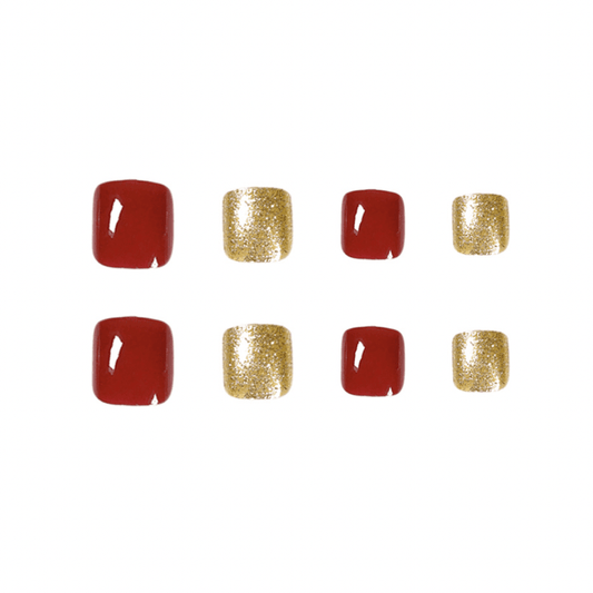 Passion Red and Gold Shimmer Glitter Toe Nails Press On Nails - Belle Rose Nails