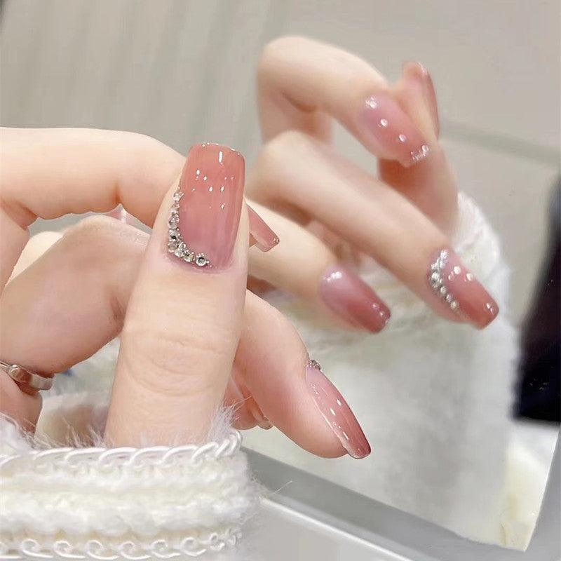 Peach Pink Ombre with Glitter French Tip and Diamonds Medium Short Press-On Nails - Belle Rose Nails