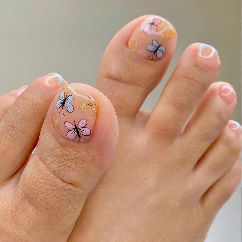 Petal Blue and Pink Butterflies with Gold Foil French Style Toe Press On Nails - Belle Rose Nails