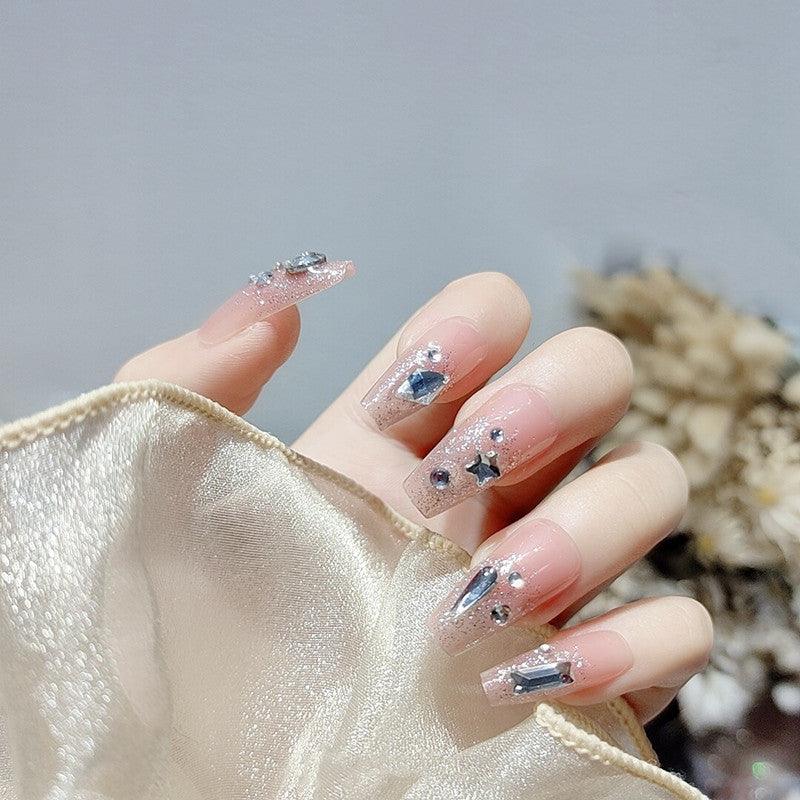 Petal Jelly Pink with Sparkly Diamonds and Stars Long Press-on Nails - Belle Rose Nails