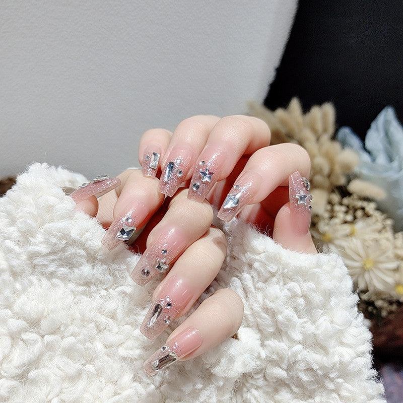 Petal Jelly Pink with Sparkly Diamonds and Stars Long Press-on Nails - Belle Rose Nails