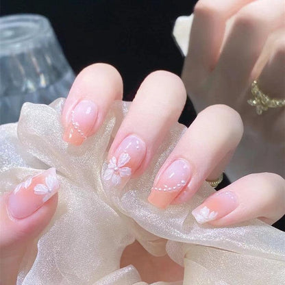 Petal Pink Ombre Flowers with Faux Pearls Medium Length Press-On Nails - Belle Rose Nails