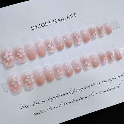 Petal Pink Ombre Flowers with Faux Pearls Medium Length Press-On Nails - Belle Rose Nails