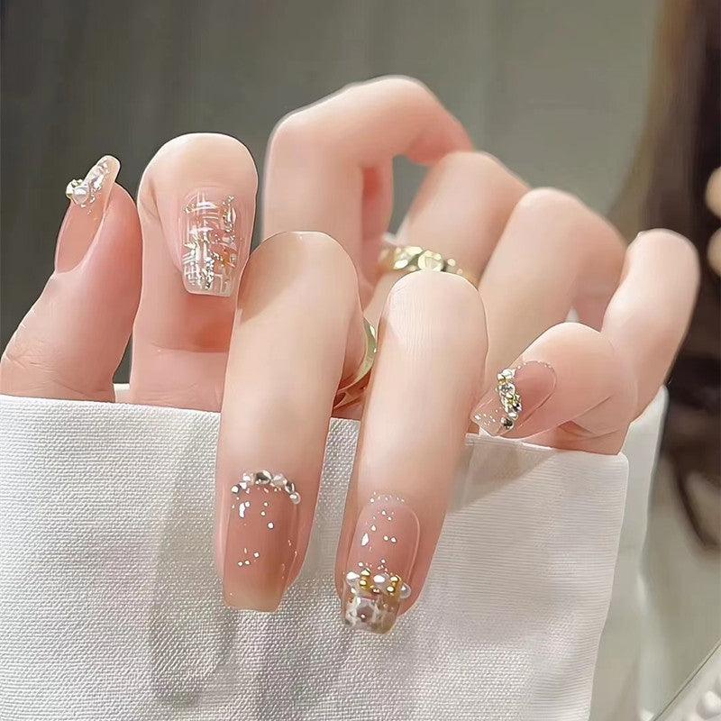 Pure Elegance French with Faux Pearls Medium Length Press On Nails - Belle Rose Nails