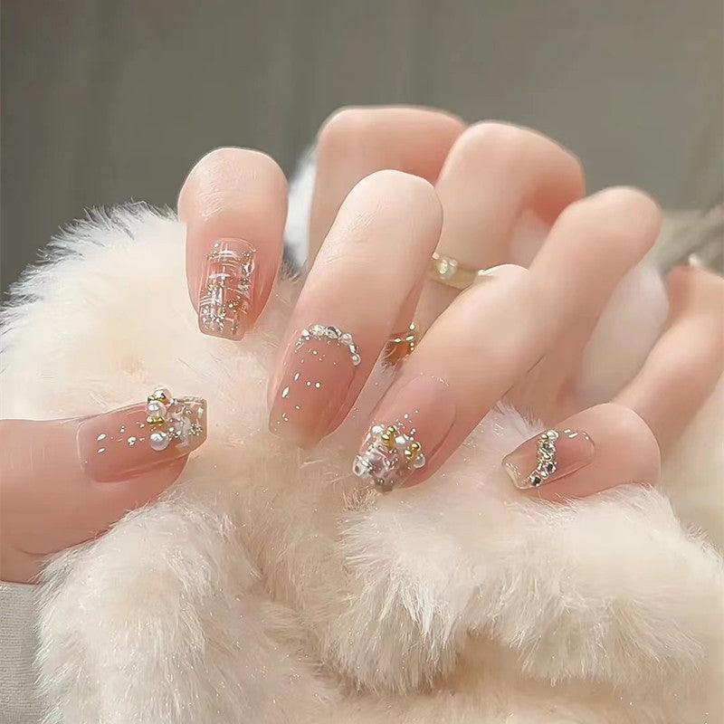Pure Elegance French with Faux Pearls Medium Length Press On Nails - Belle Rose Nails
