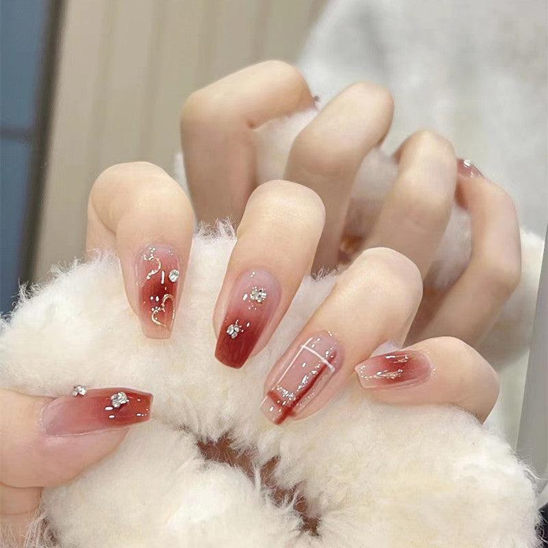 Secret Crush Red Blush with Diamonds and Glittering Hearts Long Press-On Nails - Belle Rose Nails
